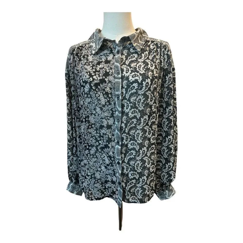 Free People Chiffon Mob Wife Snakeskin Button Up Blouse Long Sleeve SZ Small